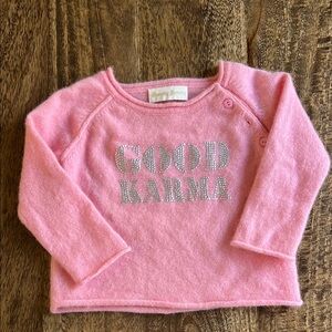 Pink Cashmere Baby Sweater with 'Good Karma' Design